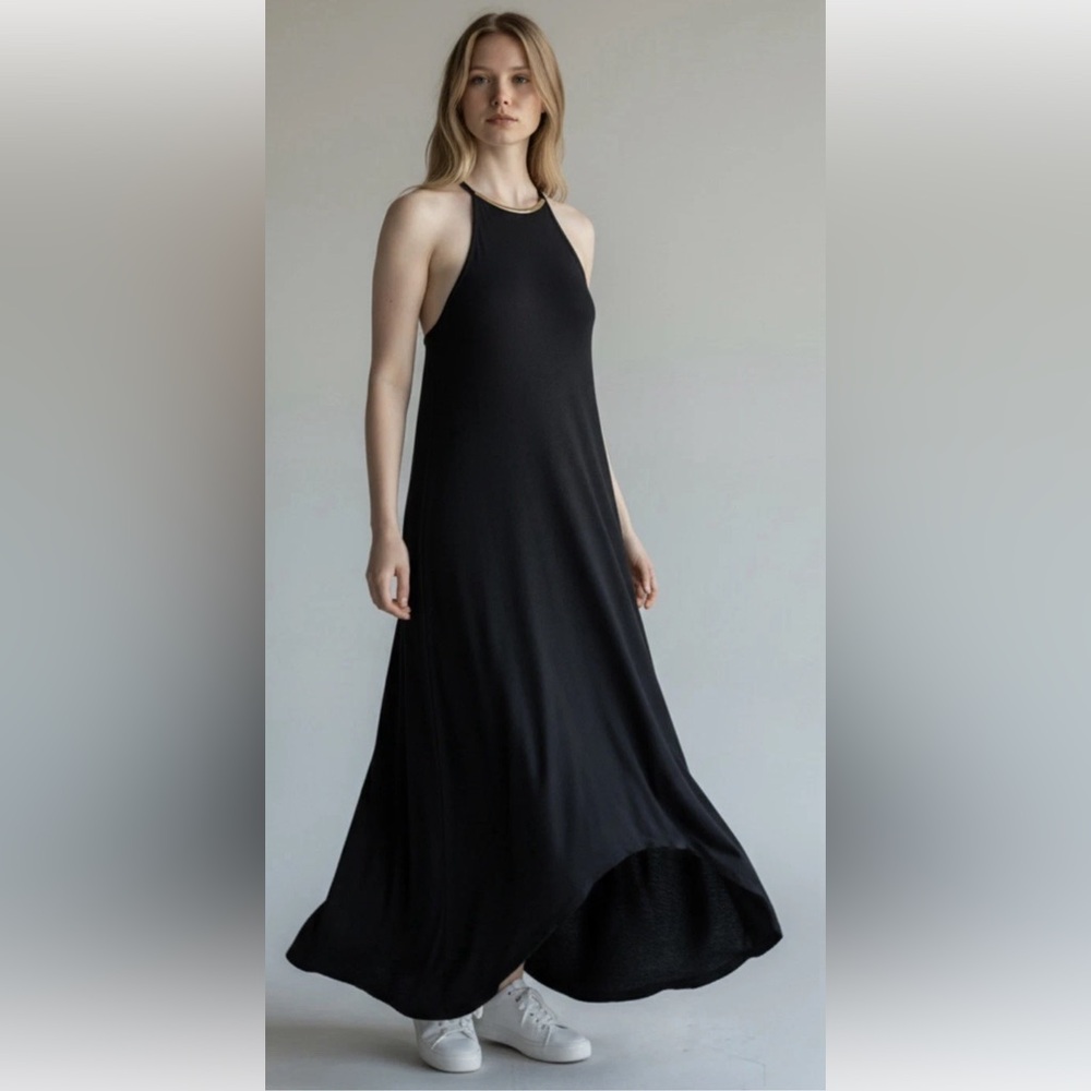 BOSTON PROPER Dress Tank Maxi High Low Embellished Gold Keyhole Shift NWOT XS